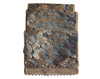 Luxury Table Runner Blue & Gold Silk Brocatelle  Rubelli Fabric Tebaldo Pattern with Gold Lace Trim - Handmade in Italy