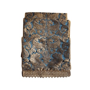 Luxury Table Runner Blue & Gold Silk Brocatelle  Rubelli Fabric Tebaldo Pattern with Gold Lace Trim - Handmade in Italy
