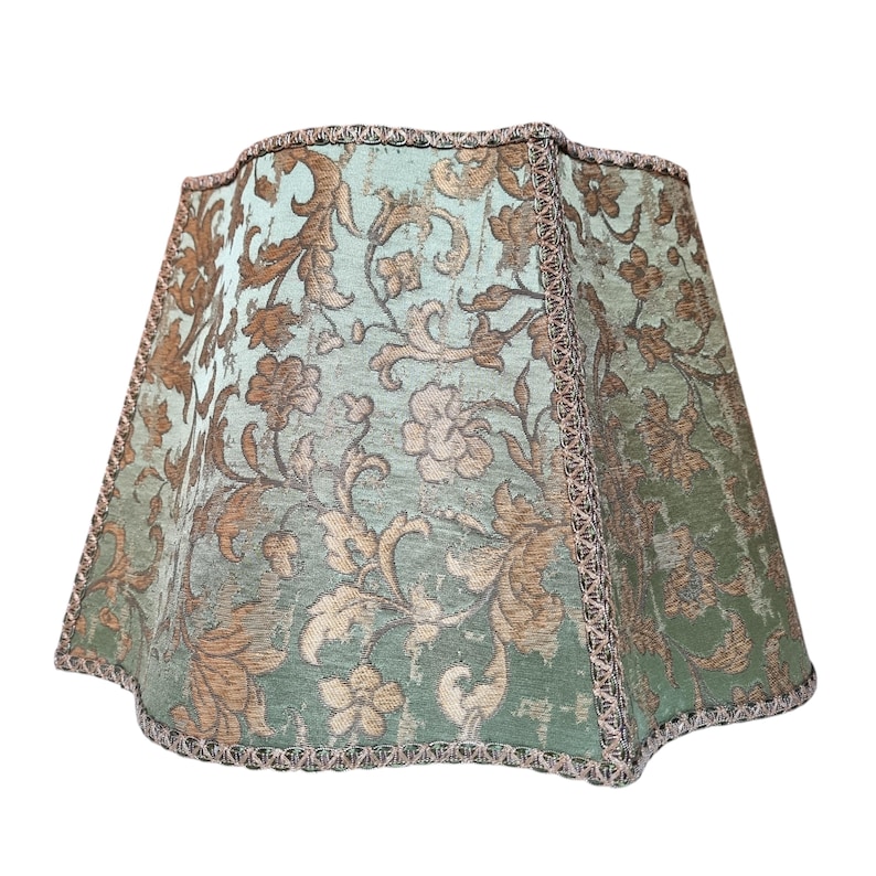 Snygg fyrkantig lampskärm Rubelli-tyg sidenjacquard grönt och guld Les Indes Galantes-mönster - Handgjord i Italien bild 3