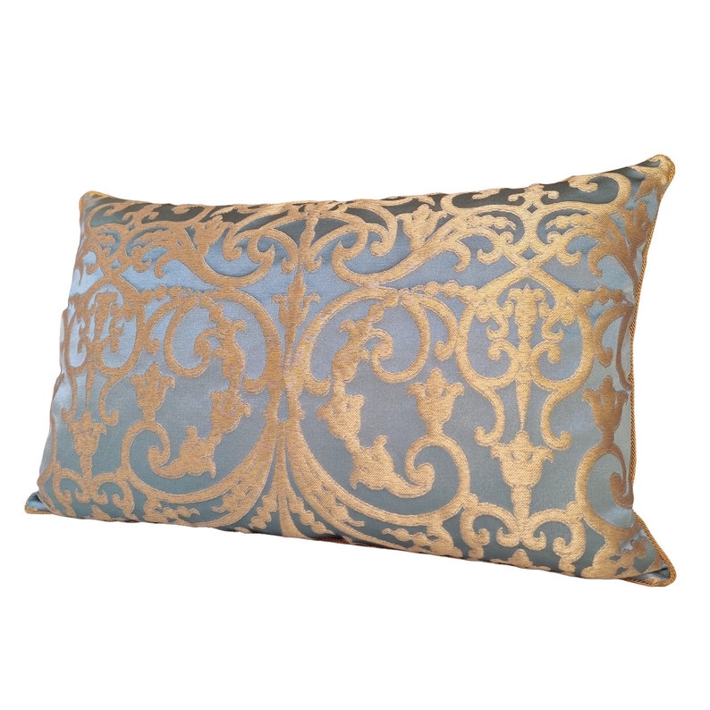 Blue & Gold Silk Jacquard Rubelli Fabric Throw Pillow Cushion Cover Serlio Pattern - Handmade in Italy image 4