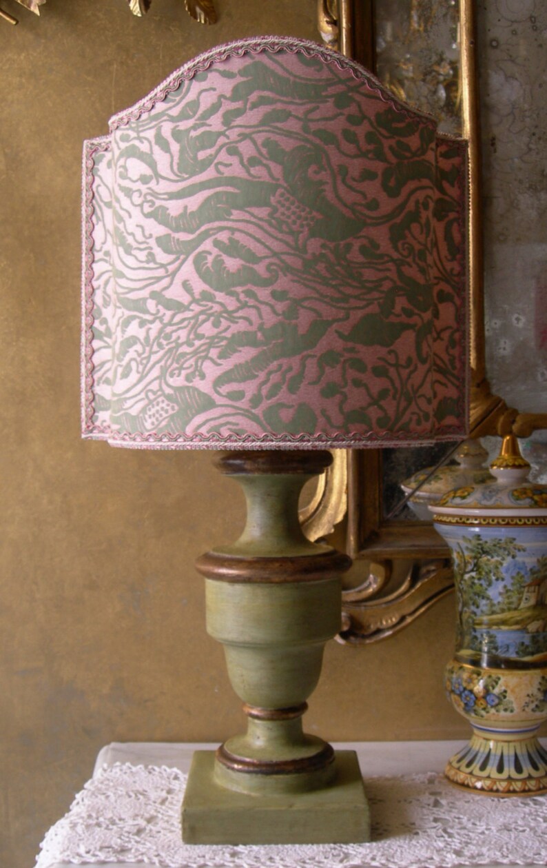 Italian Vintage Antique Finish Gilt And Green Turned Wood Table Lamp With Old Rose Celadon Fortuny Fabric Shade Made In Italy