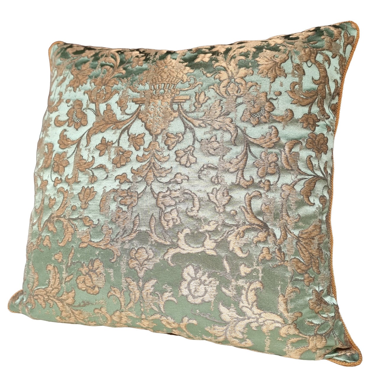 Beautiful Lampas Teal with Bronze Silk Pillow and Velvet Backing Beautiful Lampas Teal with Bronze Silk Pillow and Velvet Backing