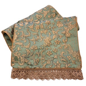 Luxury Table Runner Green & Gold Silk Jacquard Rubelli Fabric  Les Indes Galantes Pattern with Gold Lace Trim - Handmade in Italy
