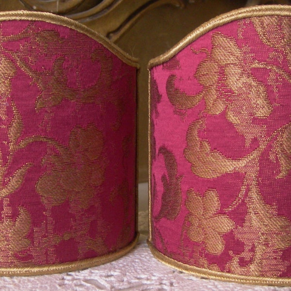 Pair of Clip-On Wall Sconces Shield Shades Cardinal Rubelli Silk Jacquard  Les Indes Galantes Pattern Mini Lampshade - Handmade in Italy