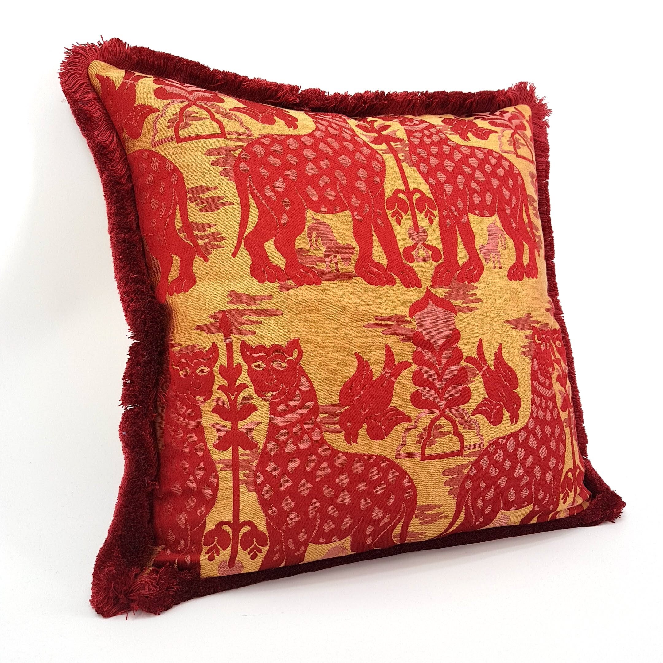 Decorative Throw Pillow Case With Brush Fringe Red Silk