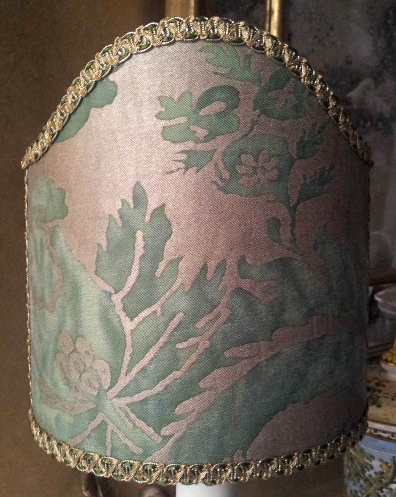Clip-On Shield Shade Fortuny Fabric Green & Gold Olimpia Pattern Mini Lampshade Handmade in Italy image 1