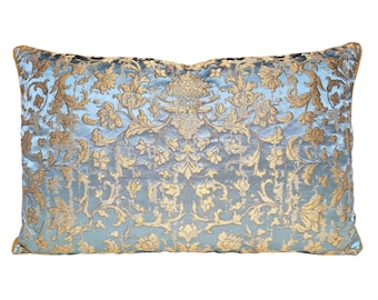 Sky Blue & Gold Silk Jacquard Rubelli Fabric Throw Pillow Cushion Cover Les Indes Galantes Pattern - Handmade in Italy