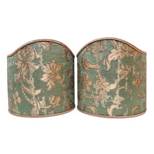 Pair of Clip-On Wall Sconce Shield Shades Green and Gold Rubelli Silk Jacquard Les Indes Galantes Pattern Mini Lampshade - Handmade in Italy