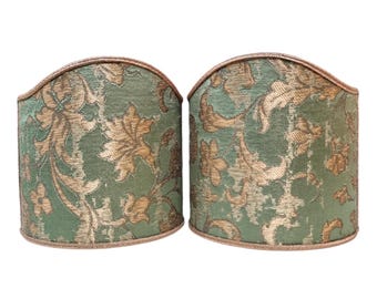 Pair of Clip-On Wall Sconce Shield Shades Green and Gold Rubelli Silk Jacquard Les Indes Galantes Pattern Mini Lampshade - Handmade in Italy