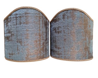 Pair of Clip-On Shield Shades Aqua Blue and Gold Rubelli Venier Jacquard Fabric Mini Lampshade - Made in Italy