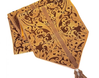 Luxury Table Runner with Pointed Ends And Tassels Brown & Gold Silk Lampas Rubelli Belisario Pattern - Handmade in Italy