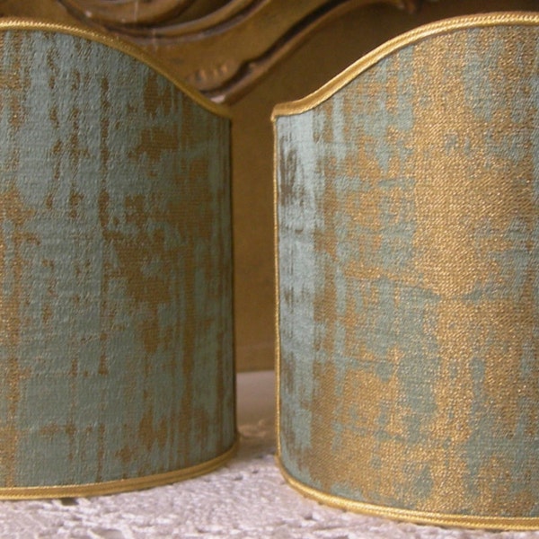 Pair of Clip-On Shield Shades Reseda Green and Gold Rubelli Venier Jacquard Fabric Mini Lampshade - Made in Italy