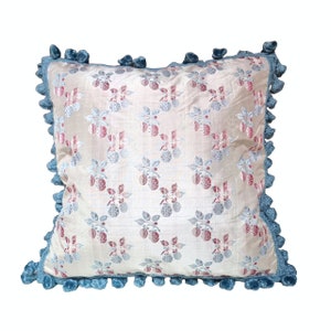 Throw Pillow Case Silk Rubelli Fabric Azur/Rose Fragole Pattern with Tassel Fringe (As Seen On the Film &quot;Marie Antoinette&quot;) - Made in Italy