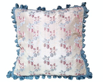 Throw Pillow Case Silk Rubelli Fabric Azur/Rose Fragole Pattern with Tassel Fringe (As Seen On the Film "Marie Antoinette") - Made in Italy