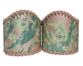 Pair of Wall Sconce Clip-On Shield Shades Fortuny Fabric Green & Silvery Gold Olimpia Pattern Mini Lampshade - Handmade in Italy