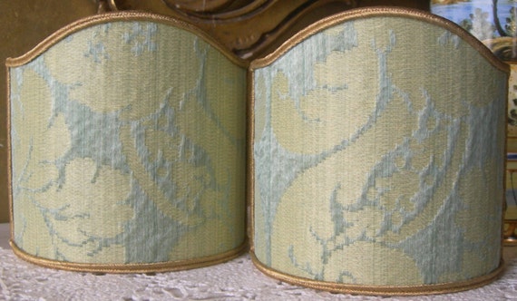 Pair of Clip-On Shield Shades Rubelli Fabric Jade Ruzante Silk Damask Mini Lampshade - Handmade in Italy