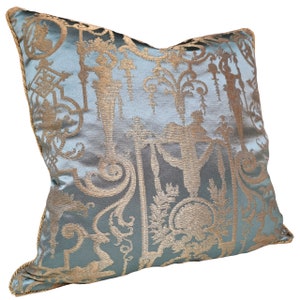 Throw Pillow Cushion Cover Silk Brocade Rubelli Fabric Aqua Blue and Gold Aida Pattern - Made in Italy image 3