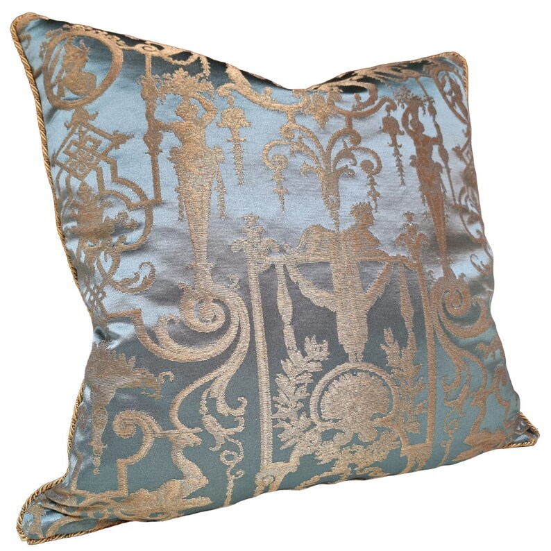 Throw Pillow Cushion Cover Silk Brocade Rubelli Fabric Aqua Blue and Gold Aida Pattern - Made in Italy image 3