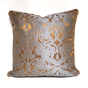 Bronze and Silver Silk Jacquard Rubelli Fabric Throw Pillow Cushion Cover Trebisonda Pattern - Handmade in Italy