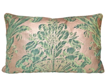 Fortuny-stoffen sierkussen kussenhoes groen en zilverachtig goud Olimpia-patroon - Made in Italy