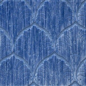 May include: Blue fabric with a textured, embossed pattern of repeating leaf shapes.