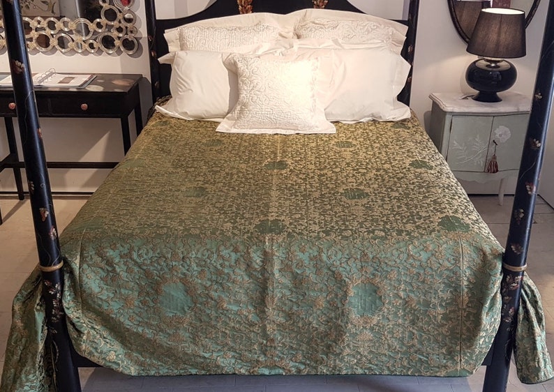 Luxury Bedding King Size Bedspread Green & Gold Silk Jacquard Etsy