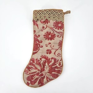 Luxury Christmas Stocking Fortuny Fabric Red & Silvery Gold Demedici Pattern - Made in Italy