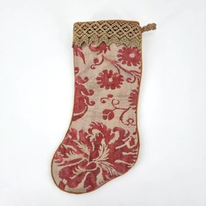 Luxury Christmas Stocking Fortuny Fabric Red & Silvery Gold Demedici Pattern - Made in Italy