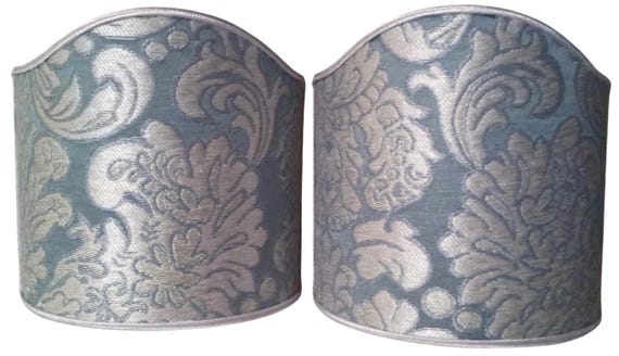 Pair of Clip-On Shield Shades Rubelli Fabric Tebaldo Aqua Silk Brocatelle Mini Lampshade - Made in Italy