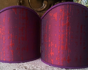 Pair of Clip-On Shield Shades Cardinal Purple and Red Silk Lampas Rubelli Fabric Zanni Pattern Mini Lampshade - Handmade in Italy