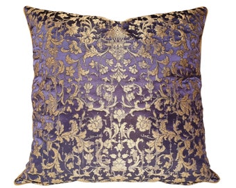 Blue Purple and Gold Silk Jacquard Rubelli Fabric Throw Pillow Cushion Cover Les Indes Galantes Pattern - Handmade in Italy