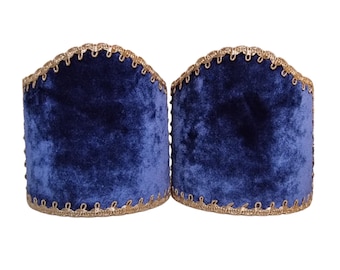 Pair of Clip-On Shield Shades Midnight Blue Velvet Rubelli Fabric Mini Lampshade - Handmade in Italy