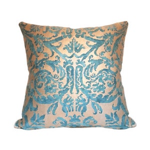 Fortuny Fabric Throw Pillow Cushion Cover Blue-Green & Silvery Gold Farnese Pattern - Made in Italy