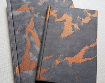 Fortuny Fabric Covered Journal Hardcover Notebook Black, Grey & Copper Marmo Pattern - Handcraft in Italy