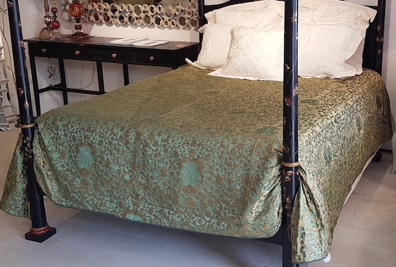 Blessliving bedding duvet cover set black white gold foil marble pattern on comforter cover 3. Luxury Bedding King Size Bedspread Green Gold Silk Jacquard Etsy