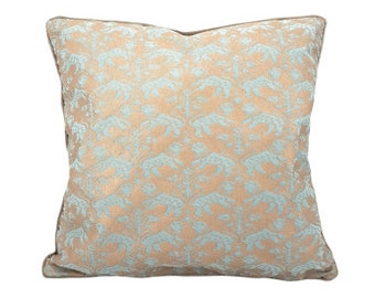 Fortuny Fabric Throw Pillow Cushion Cover in Aquamarine & Silvery Gold Richelieu Pattern - Made in Italy