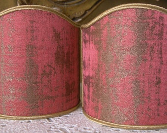 Pair of Clip-On Shield Shades Raspberry Pink and Gold Rubelli Venier Jacquard Fabric Mini Lampshade - Made in Italy