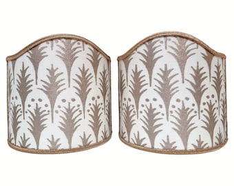 Pair of  Wall Sconce Clip-On Shield Shades Fortuny Fabric Ivory & Gold Piumette Pattern - Handmade in Italy