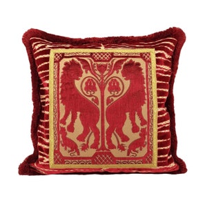 Dekorative Kissenhülle mit Pinsel Fransen Rot Moderne Kunst Rubelli Samt mit Bevilacqua Leoni Bizantini gerahmt Front panel - Made in Italy