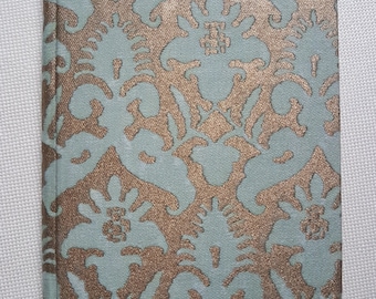 Fortuny Fabric Covered Journal Hardcover Notebook Aquamarine & Silvery Gold Delfino Pattern - Handcraft in Italy