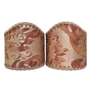 Pair of Wall Sconce Clip-On Shield Shades Fortuny Fabric Rust & Gold Sevigne Pattern Mini Lampshade - Handmade in Italy