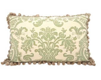 Fortuny Fabric Lumbar Throw Pillow Cover with Tassel Trim Celadon Green & Beige Carnavalet Pattern - Handmade in Italy