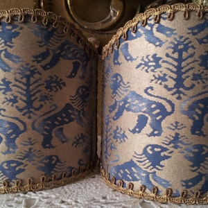 Pair of Wall Sconce Clip-On Shield Shades Fortuny Fabric Richelieu in Indigo Blue & Gold Mini Lampshade - Handmade in Italy