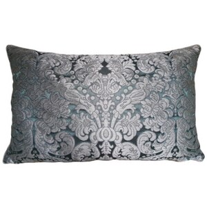 May include: A decorative throw pillow with a silver and blue damask pattern.