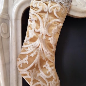 Luxury Christmas Stocking Silk Jacquard Rubelli Fabric Ochre & Silver Serlio Pattern - Made in Italy