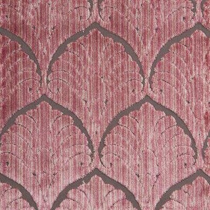 May include: A close-up of a pink fabric with a repeating pattern of stylized leaves. The fabric has a subtle sheen and a textured surface.