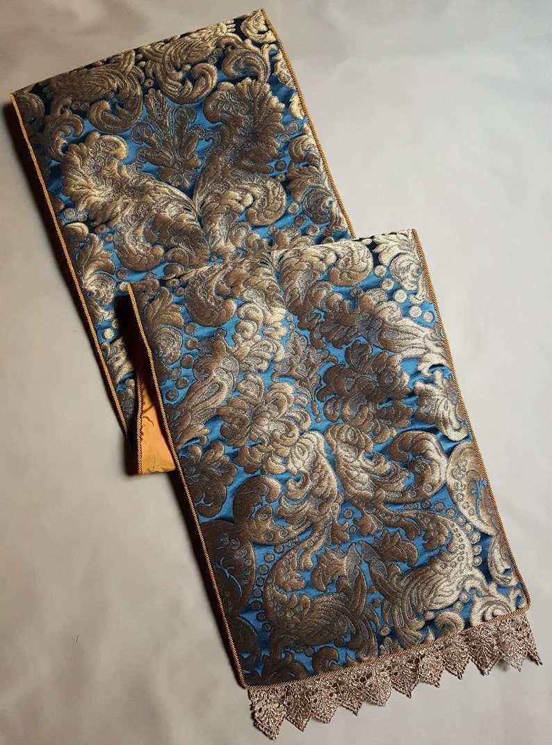 Luxury Table Runner Blue & Gold Silk Brocatelle Rubelli Fabric Etsy