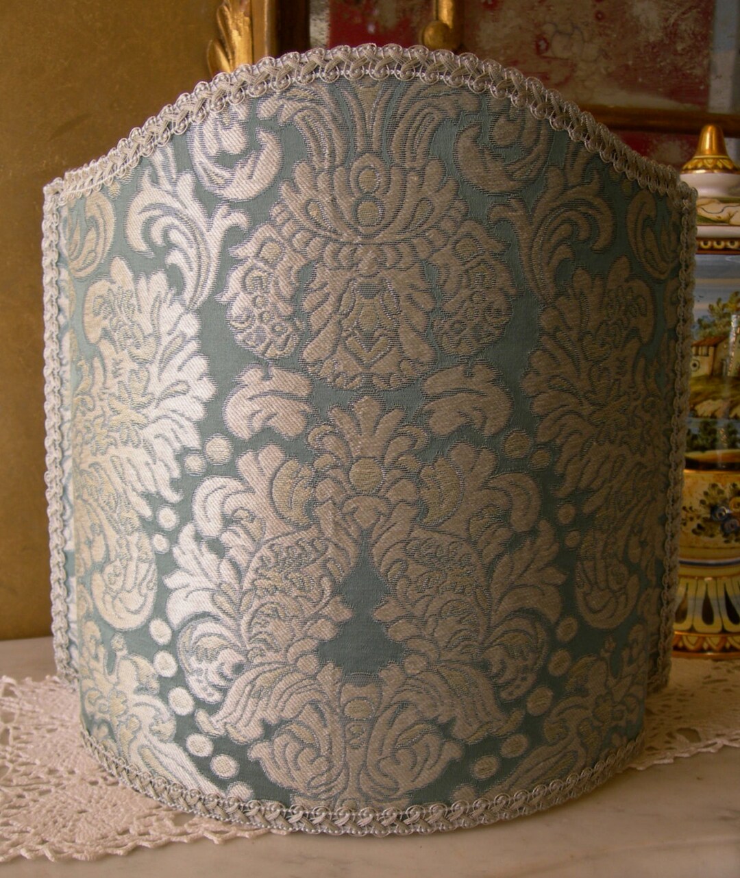Lamp Shade Rubelli Tebaldo Aqua Silk Brocatelle Fabric Half