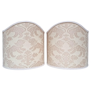 Pair of Wall Sconce Clip-On Shield Shades Fortuny Fabric Monotones Richelieu Pattern Half Lampshade - Handmade in Italy