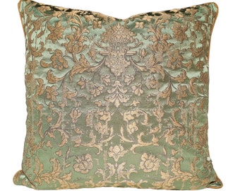 Green & Gold Silk Jacquard Rubelli Fabric Throw Pillow Cushion Cover Les Indes Galantes Pattern - Handmade in Italy